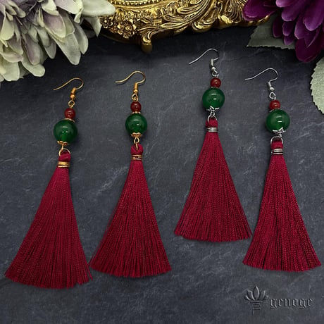 【チャイナピアス/イヤリング】タッセルピアス×チャイナアクセサリー｜中華×和風×大正浪漫×クラシカル×オリエンタル｜赤×レッド｜genoge -ゲノゲ-｜狂シリーズ｜幻 -銀-