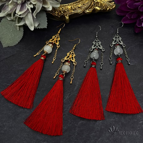 【チャイナピアス/イヤリング】タッセルピアス×ゴールドピアス｜中華×和風×大正浪漫×モード系×ロック×V系｜レッド×赤｜genoge -ゲノゲ-｜綾姫シリーズ｜紅垂 -金-