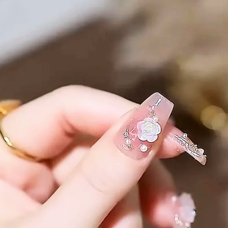 ネイルチップ バレエ ロング つけ爪 韓流コスメ フラワー ピンク | Desire