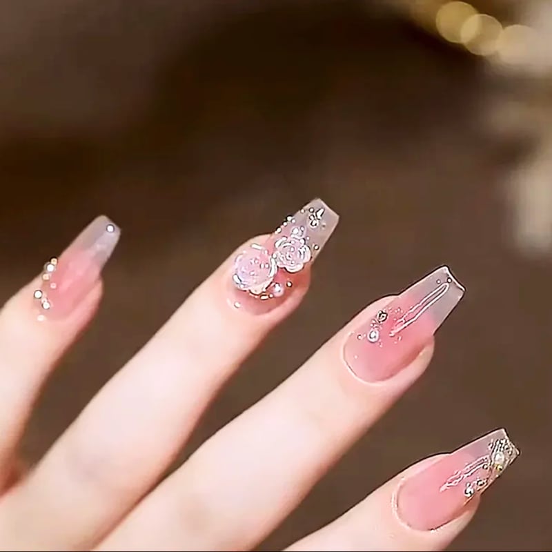 ネイルチップ バレエ ロング つけ爪 韓流コスメ フラワー ピンク | Desire