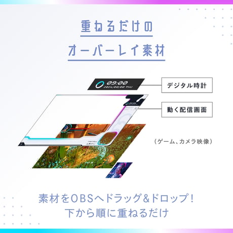 動く白いゲーミング配信画面【ブルー×ピンク】ゲーム配信画面6点・時計2点セット