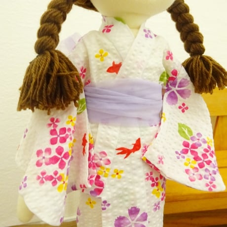 人形用 浴衣 帯 白地 紫陽花と金魚柄