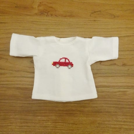 人形用 半袖 Tシャツ 白 車の刺繍