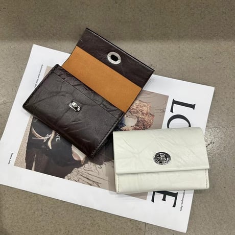 ミニ財布 クラッキングレザー仕様 本牛革 二つ折りカードケース 免許証入れ 名刺入れ リップ収納 男女兼用 シルバー金具 韓国風 おしゃれ