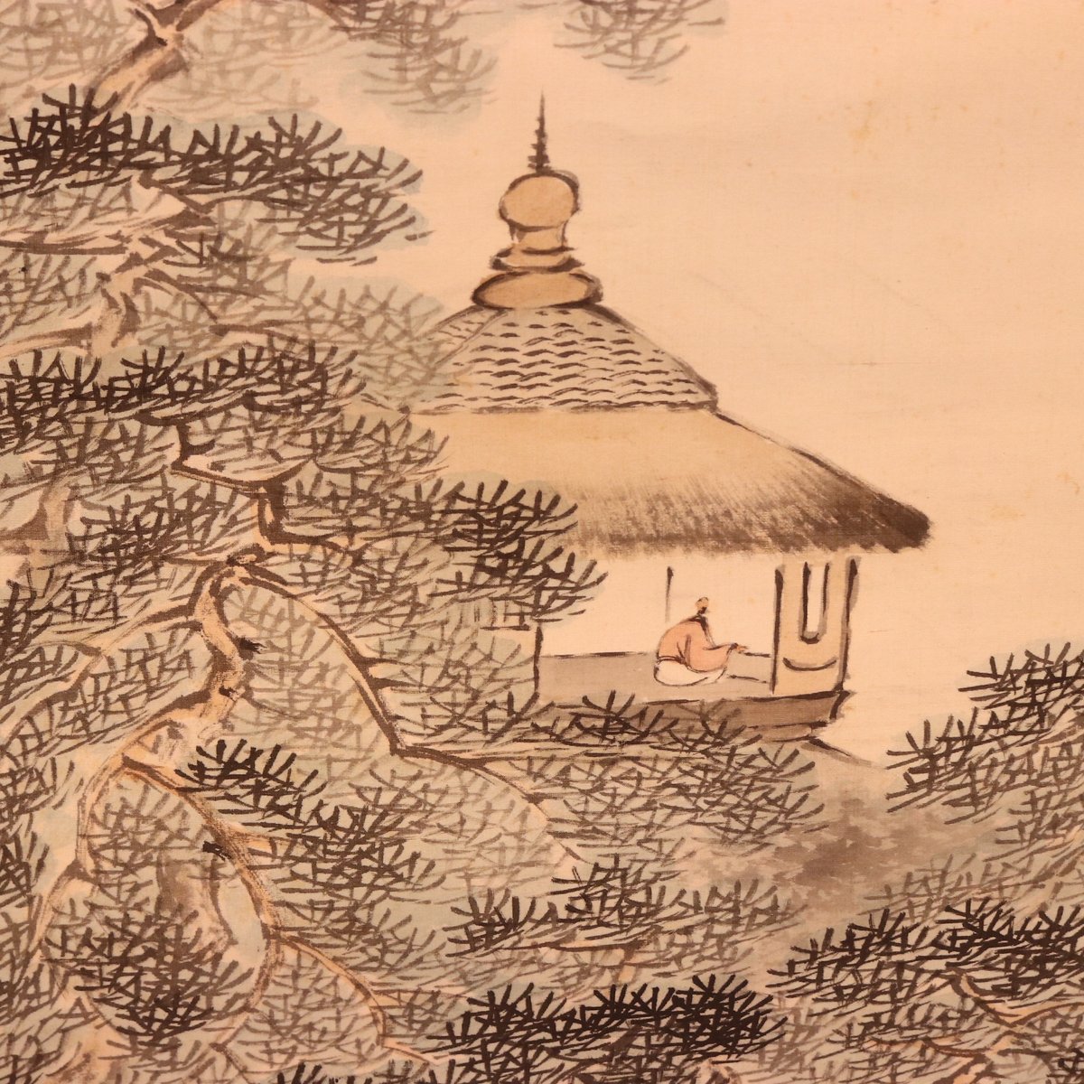 140 矢野橋村「松林山水図」 共箱 絹本 肉筆 大正-昭和時代の日本画家