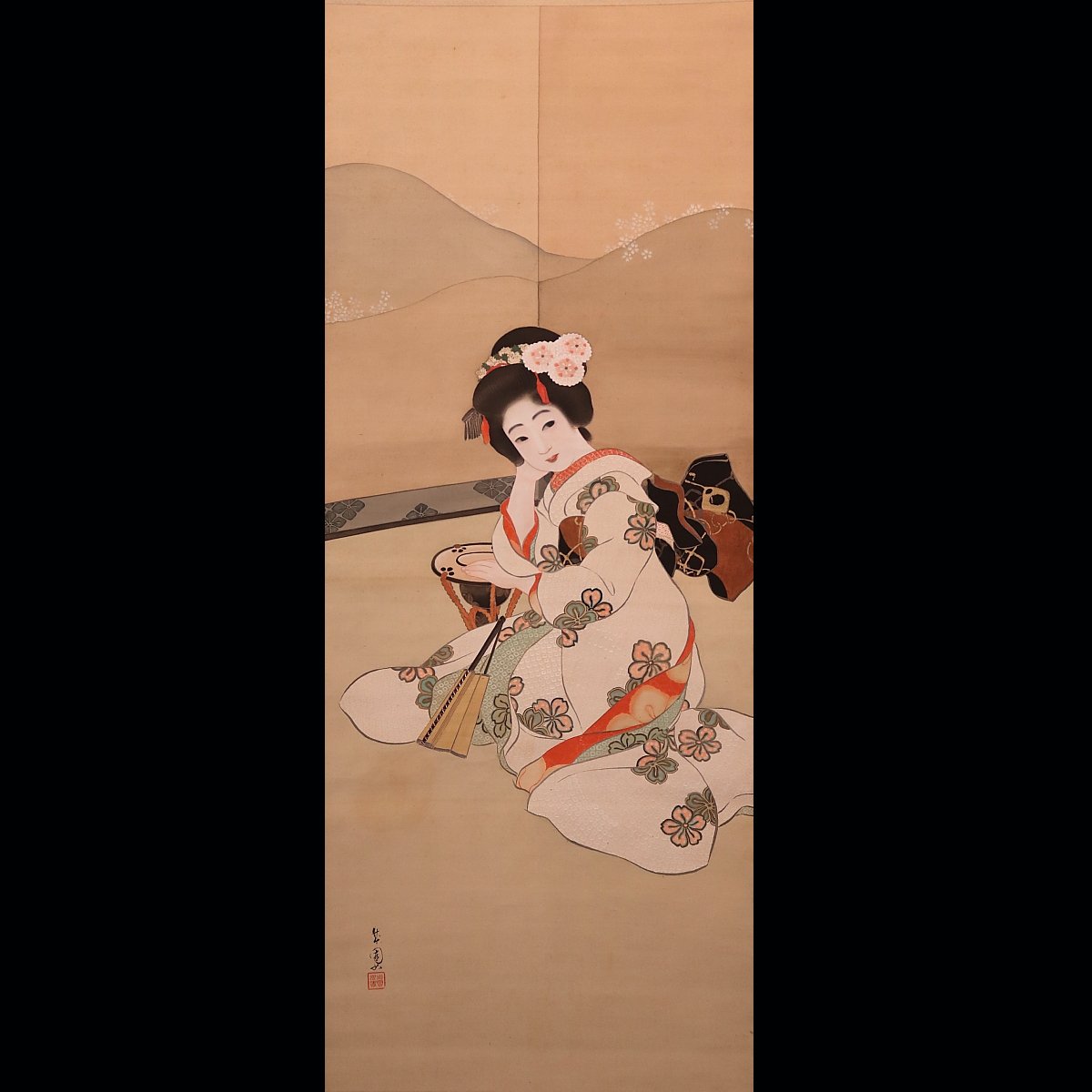 92 島成園 「舞妓」共箱 絹本 肉筆 大阪の人 美人画 掛軸 | 三梨 art