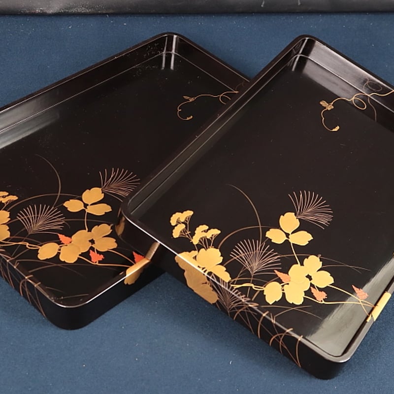 222 輪島塗 秋草画御硯蓋 2点組 書道具 漆芸 共箱 | 三梨 art and antiques