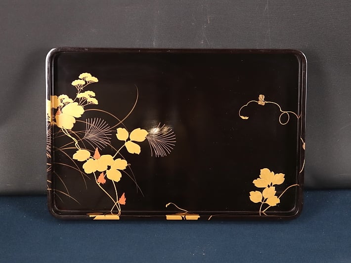 222 輪島塗 秋草画御硯蓋 2点組 書道具 漆芸 共箱 | 三梨 art and antiques