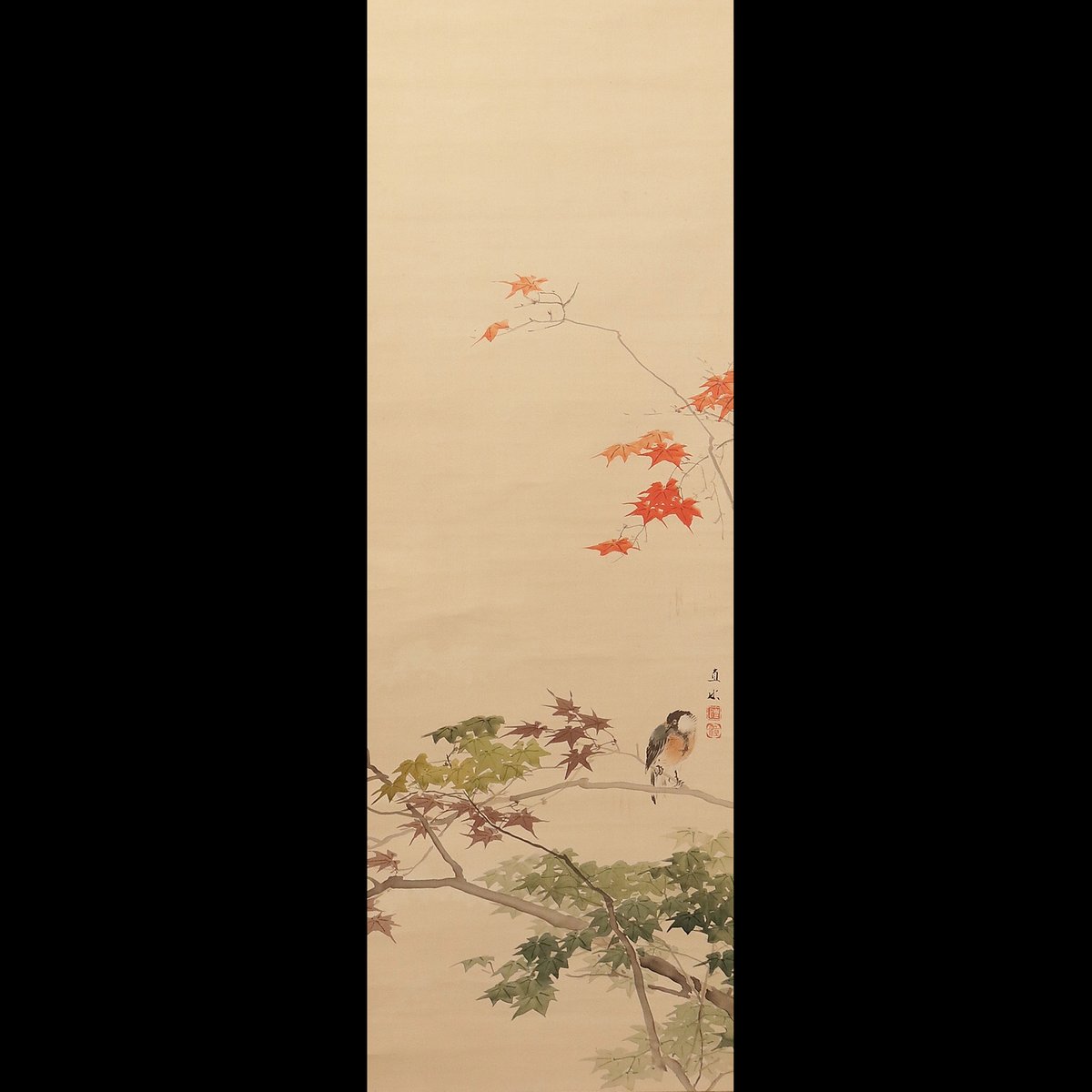 167 平井直水 「紅葉小禽図」 共箱 絹本 肉筆 深田直城師事 大阪