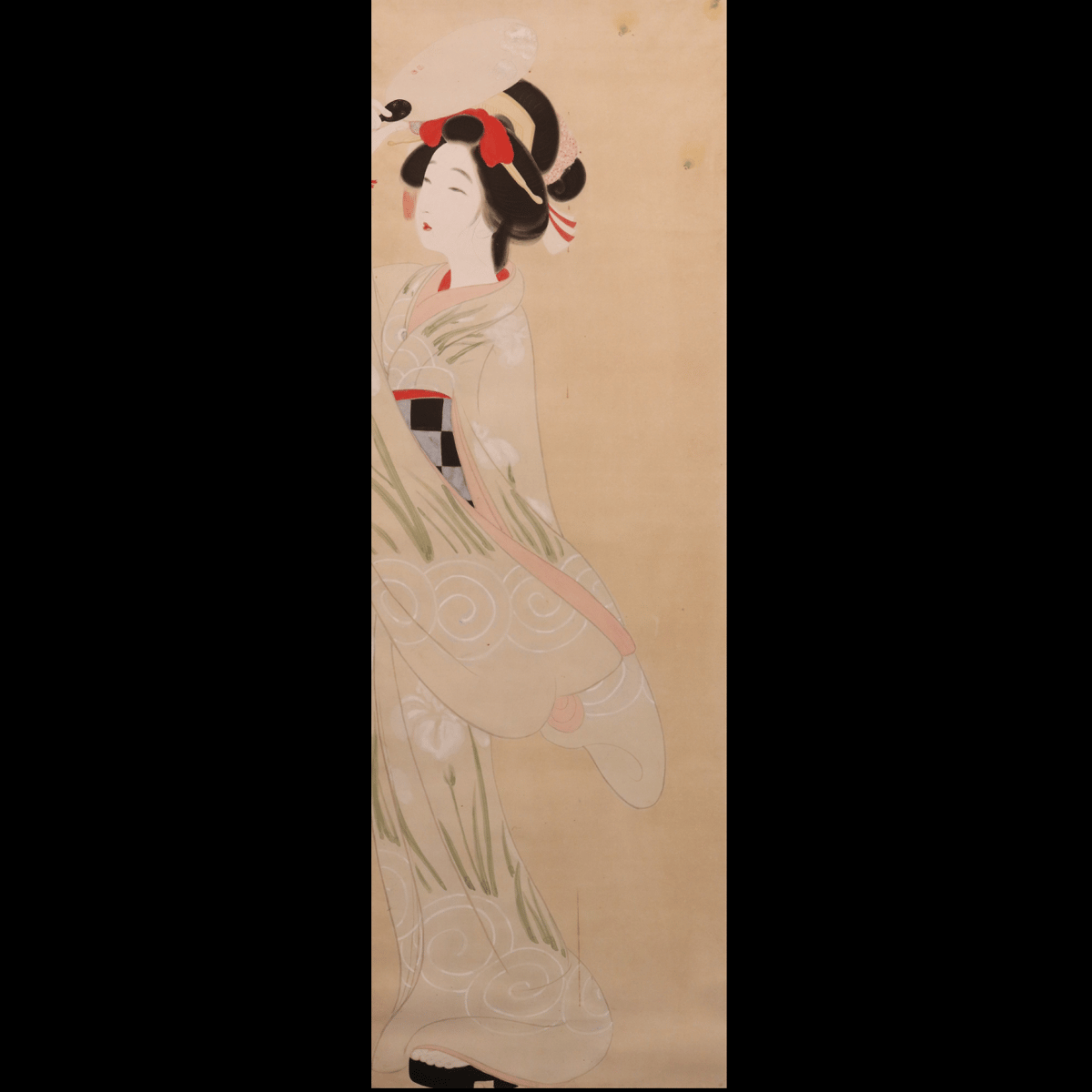 11 北野 恒富 「蛍と美人図」夏掛け 絹本 肉筆 稲野年恒に師事 日本