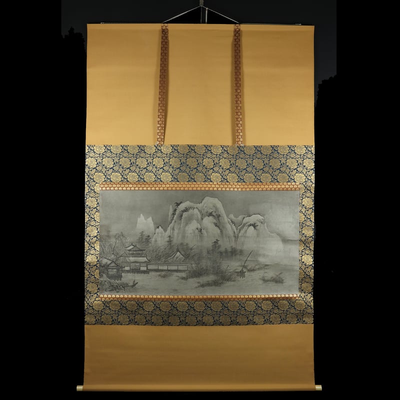 74 伝周文「残雪山水」 極箱 二重箱 室町時代中期の禅僧・画僧 掛軸