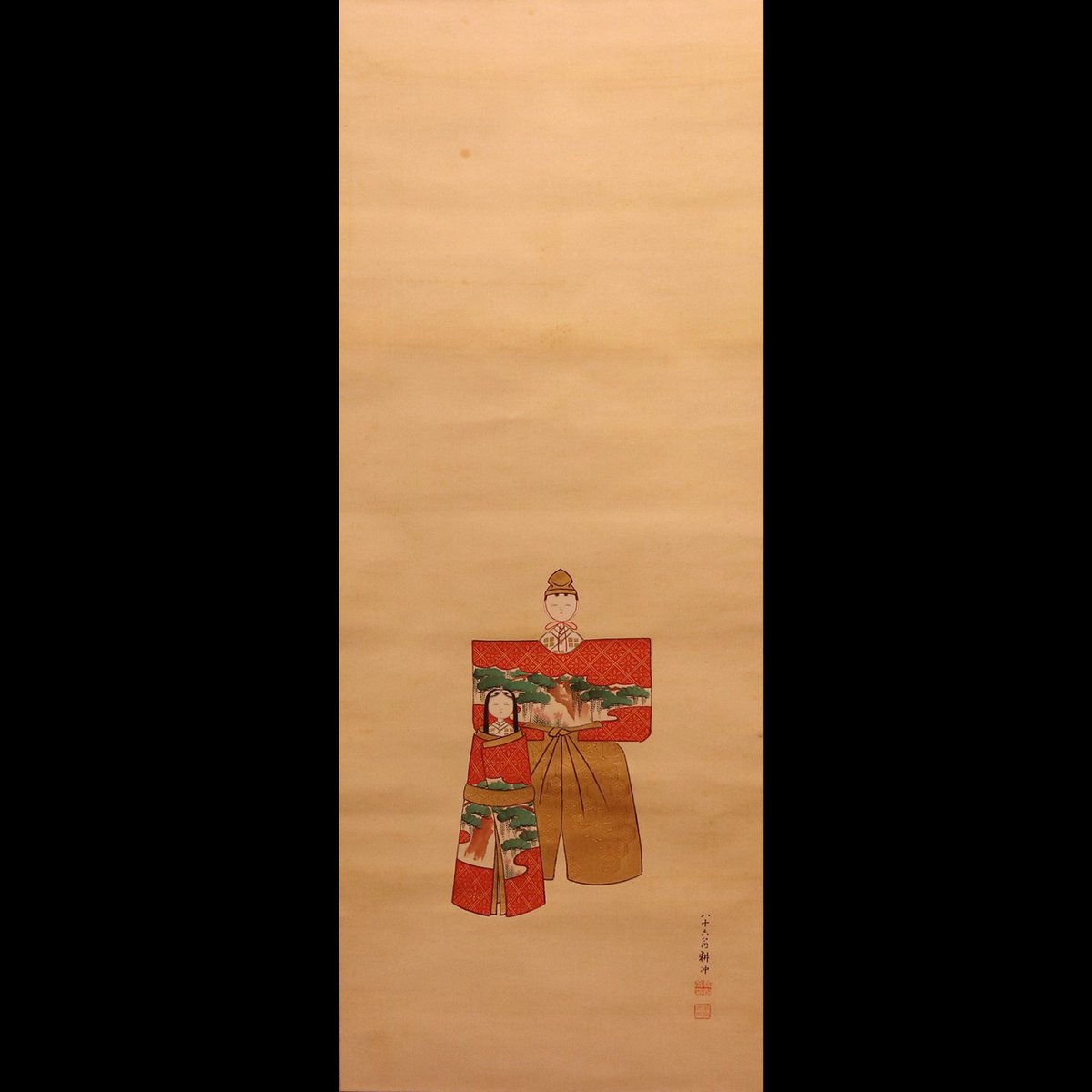 137 上田耕沖「神雛」 共箱 絹本 肉筆 大阪の人 南画家 立雛 桃の節句