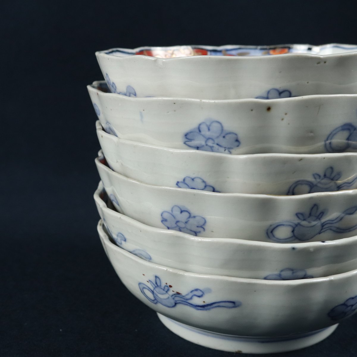 古伊万里 染付 雷紋に雲 花鳥紋の図 膾皿 2客 江戸期 E411AS-CEz 古