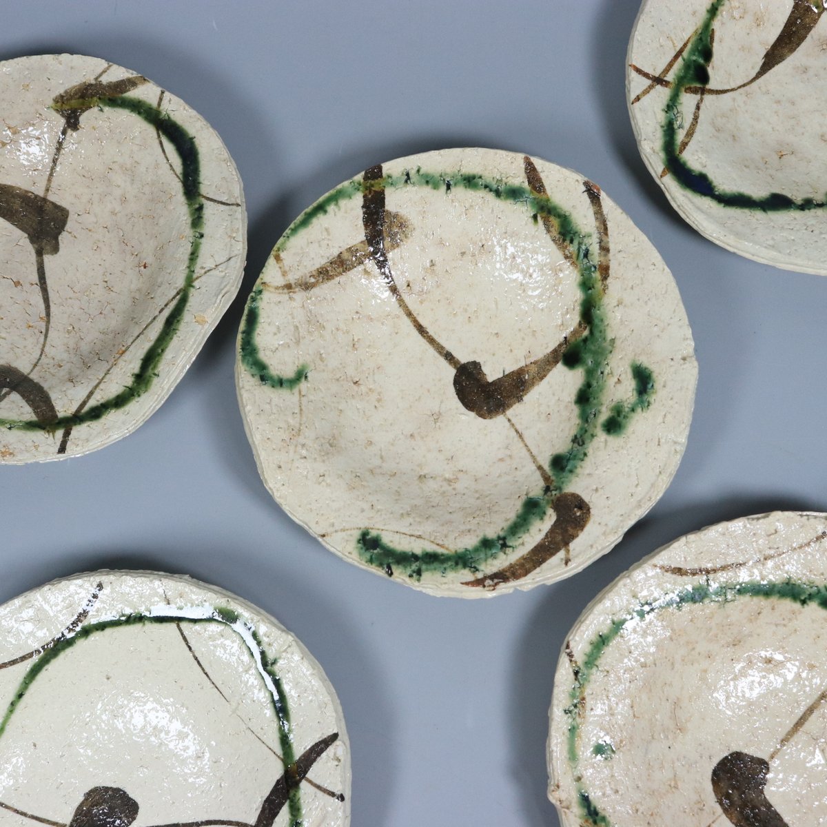 岸本謙仁 造 織部焼 小皿 5枚 218 岸本謙仁 「草紋 丸皿 五客」 共箱 栞 美濃の里 日本工芸会正会員