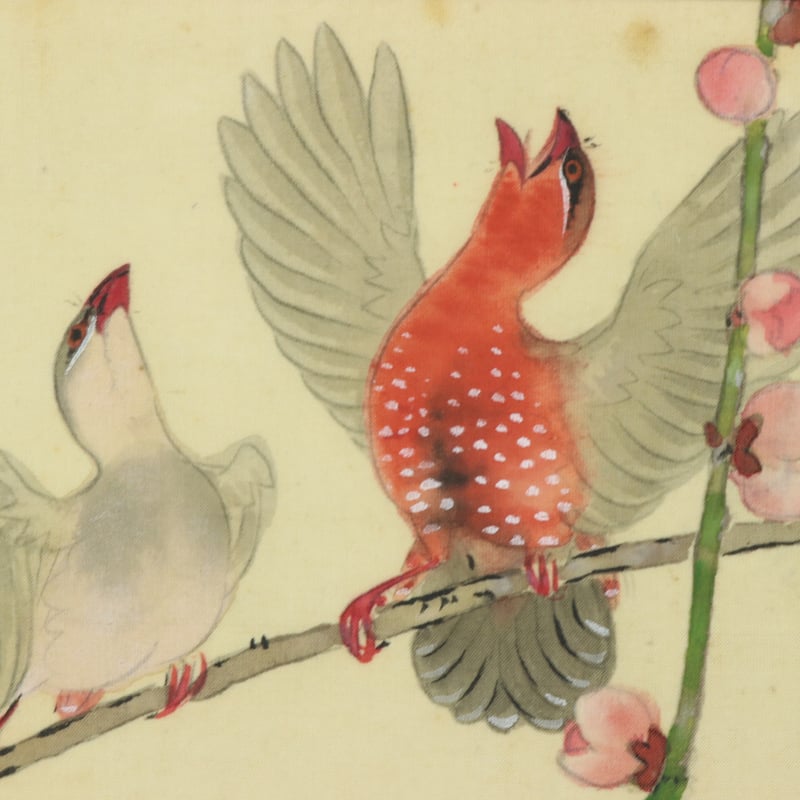 64 上村松篁 「紅雀」 肉筆 絹本 共箱 上村松園 日本芸術院 額装