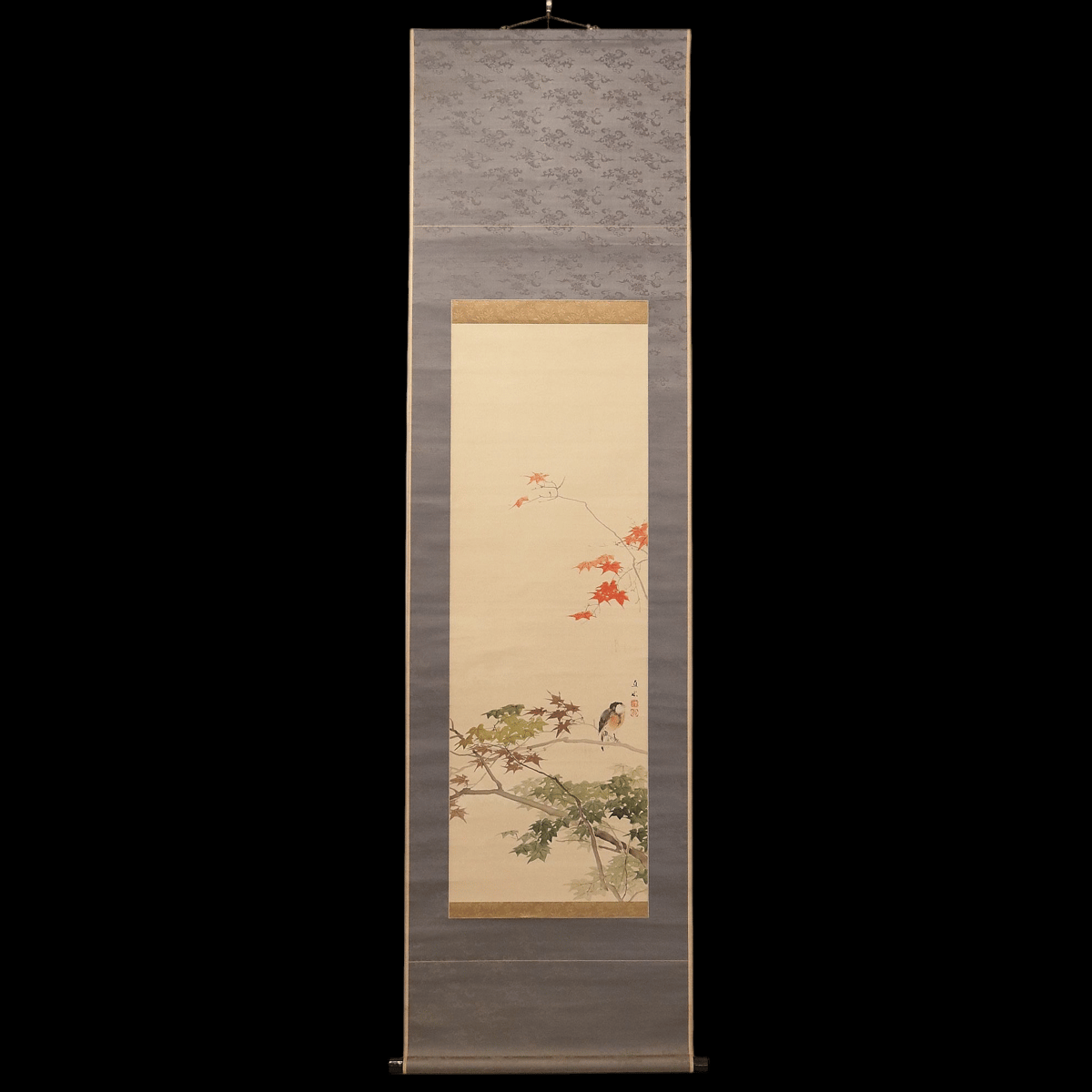 【紅楓小禽図】楢崎鉄香 2681 共箱 掛け軸 肉筆 167 平井直水 「紅葉小禽図」 共箱 絹本 肉筆 深田直城師事 大阪