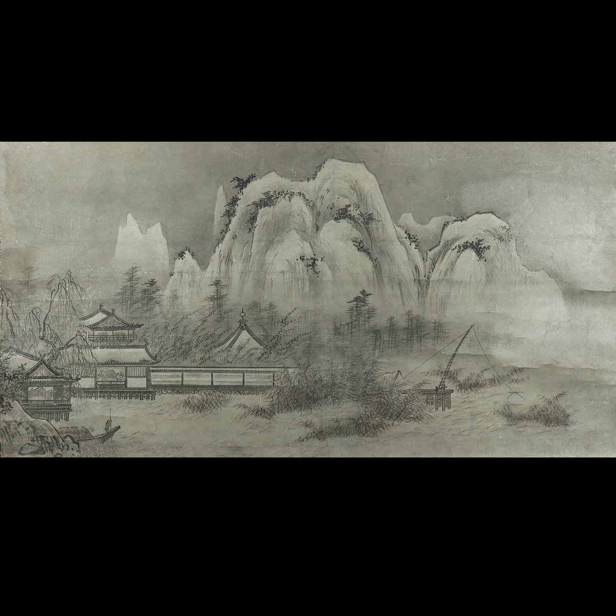 74 伝周文「残雪山水」 極箱 二重箱 室町時代中期の禅僧・画僧 掛軸