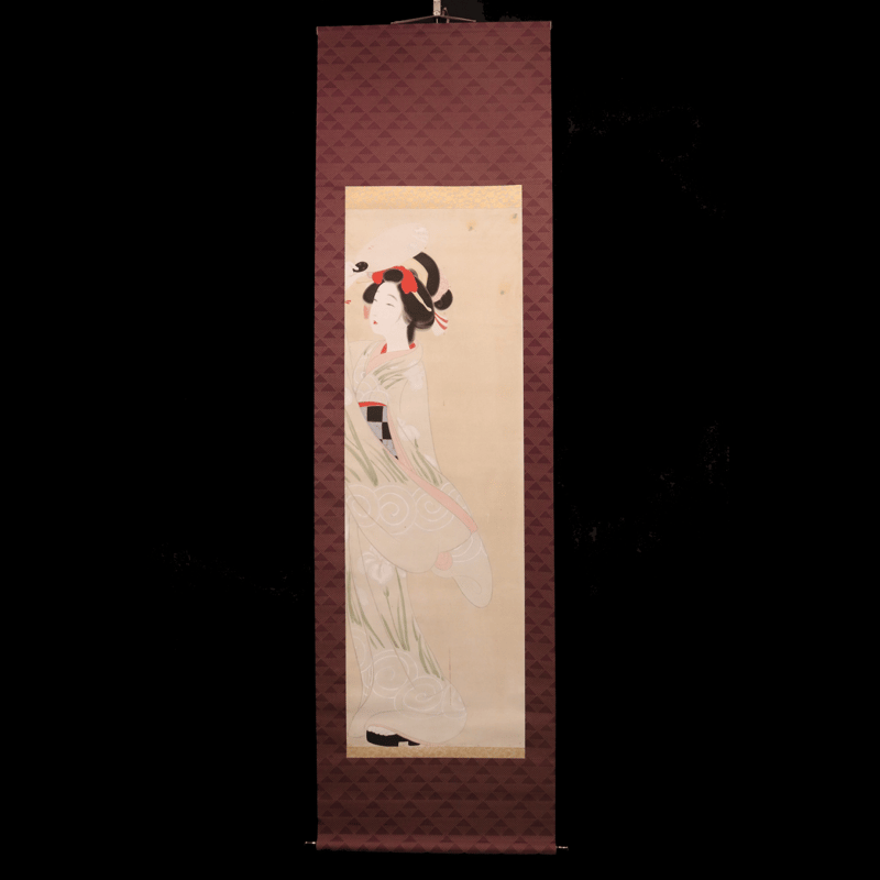 11 北野 恒富 「蛍と美人図」夏掛け 絹本 肉筆 稲野年恒に師事 日本