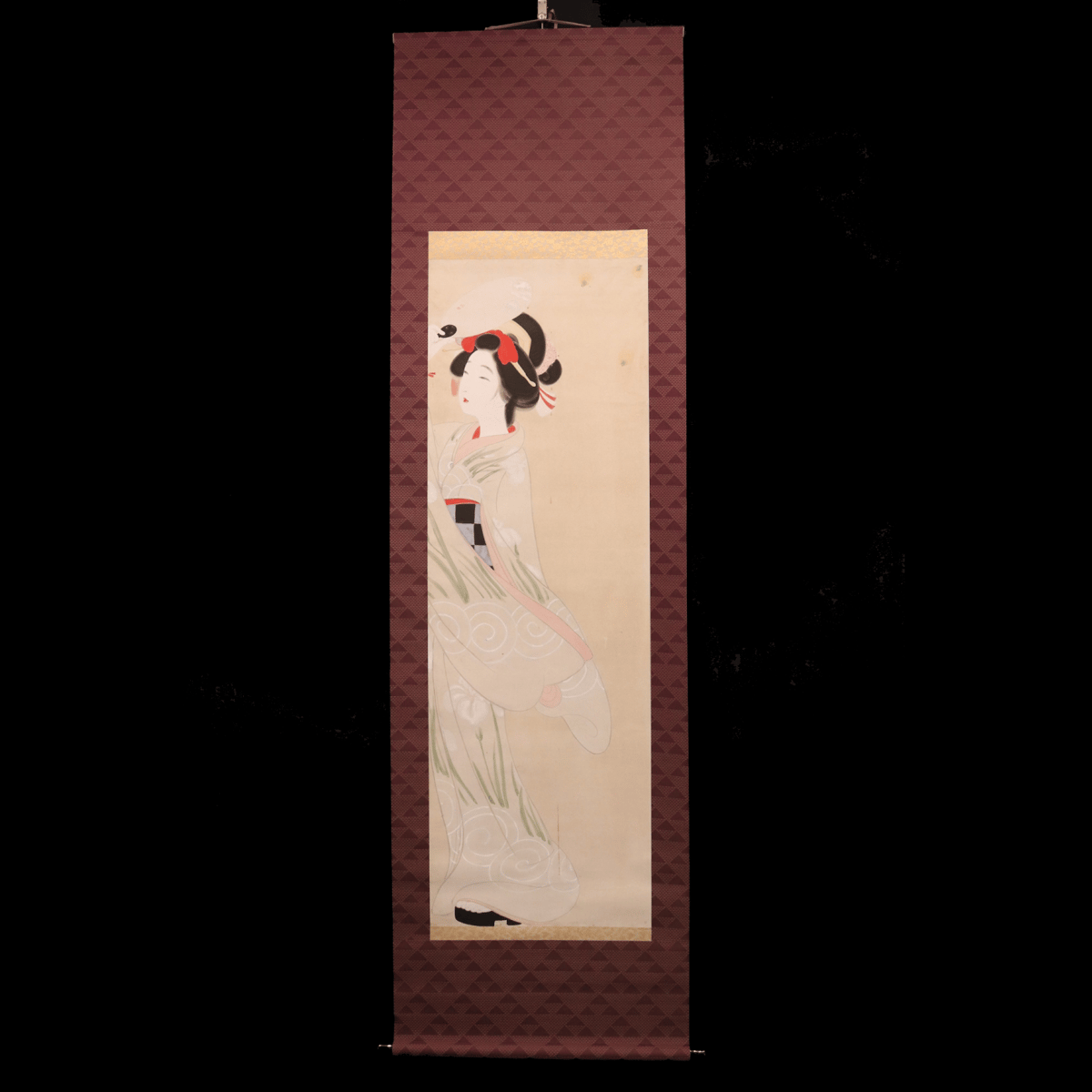 11 北野 恒富 「蛍と美人図」夏掛け 絹本 肉筆 稲野年恒に師事 日本