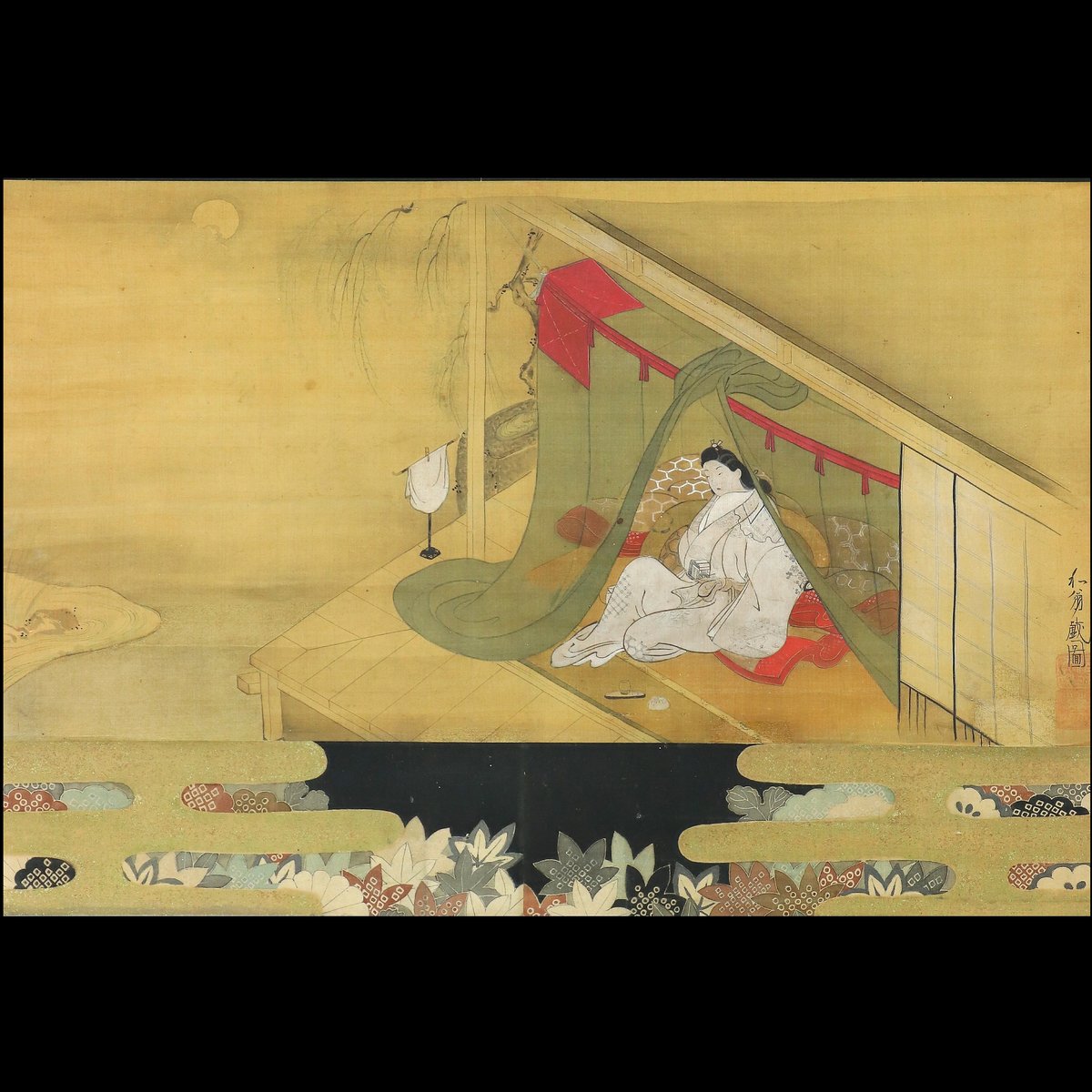 49 菱川 和翁「物思う遊女図」肉筆 絹本 江戸時代の浮世絵師