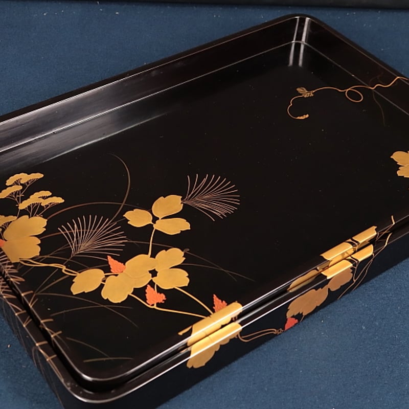 222 輪島塗 秋草画御硯蓋 2点組 書道具 漆芸 共箱 | 三梨 art and antiques
