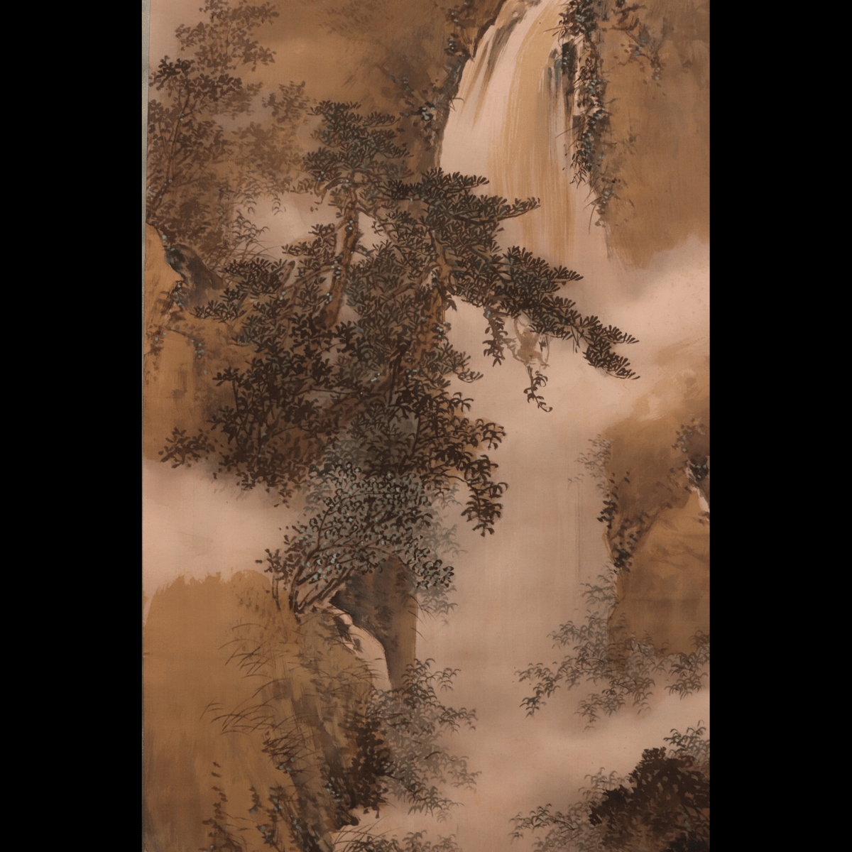 奥谷秋石筆 淡彩水墨画 半切 【 月下瀑布鹿の図 】 共箱 【桐箱】