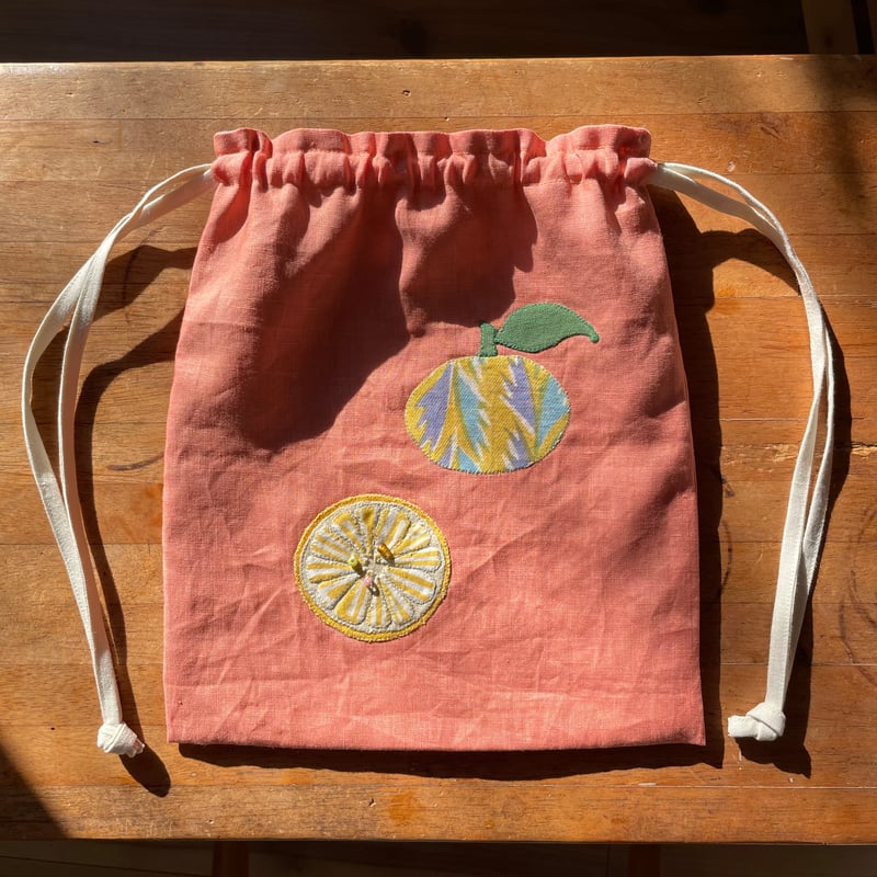 アンティークビーズとリネンとインド綿の巾着 Vol.23「Mandarin orange