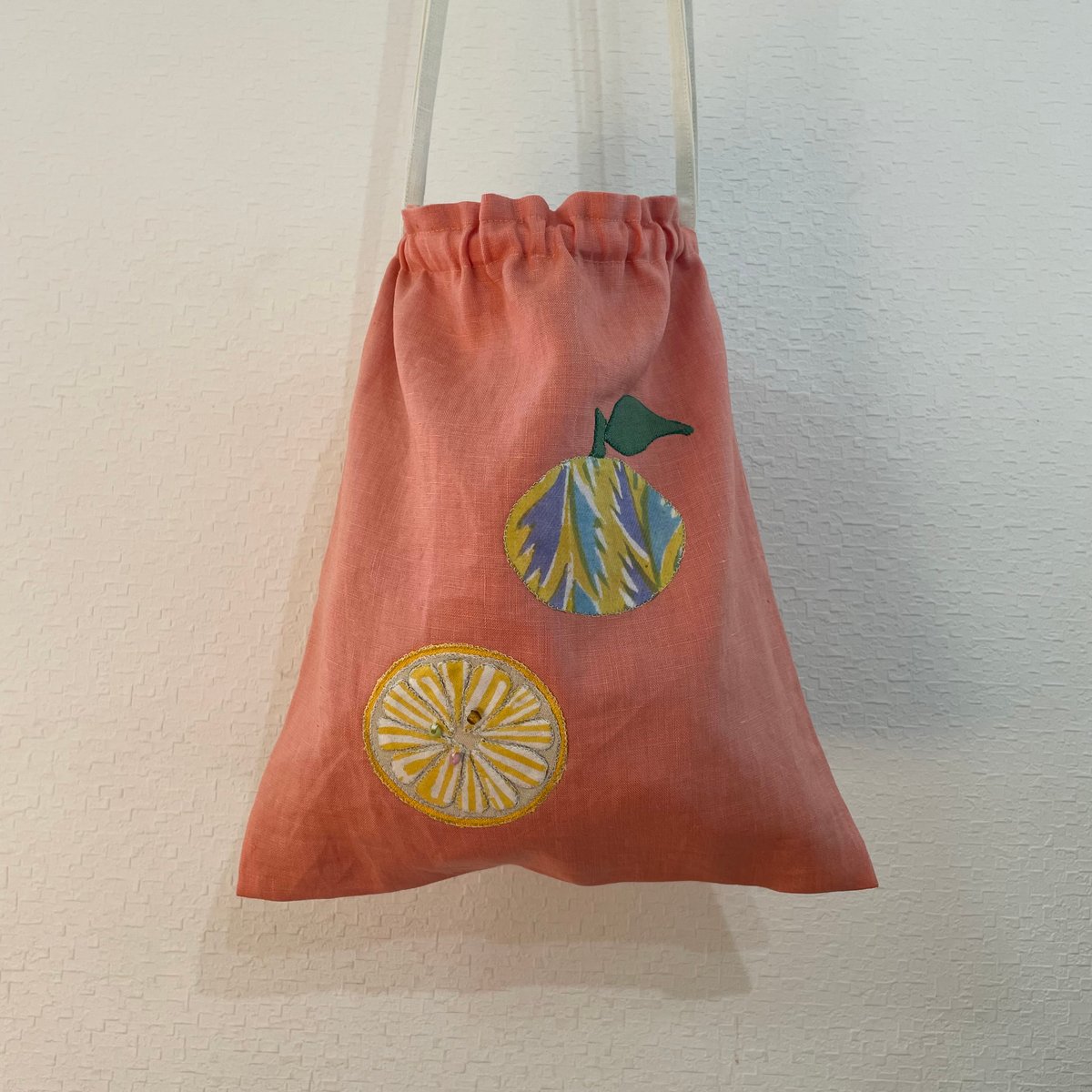 アンティークビーズとリネンとインド綿の巾着 Vol.23「Mandarin orange