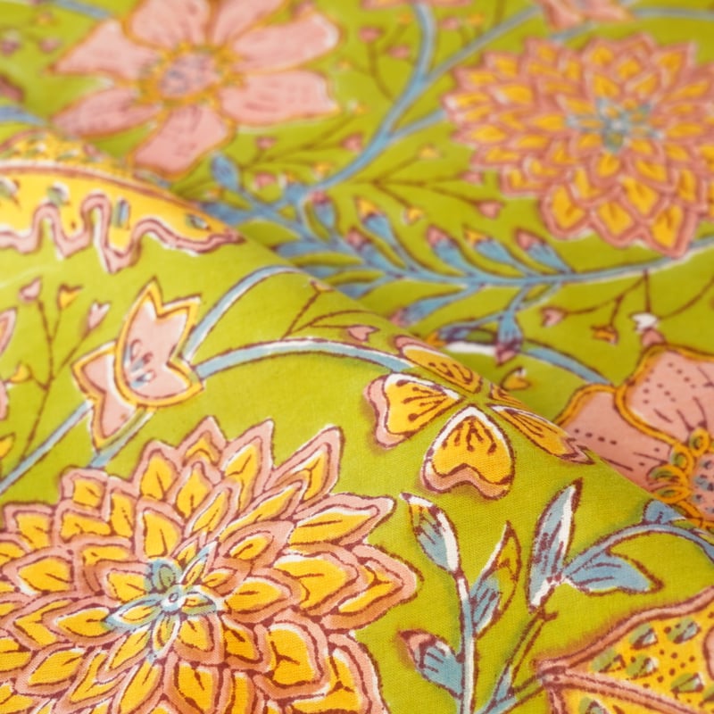 半幅帯　綿　ブロックプリント　花浅葱色　浅葱鼠色 半幅帯 綿 ブロックプリント 花浅葱色 浅葱鼠色 着物・浴衣