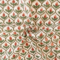 《50㎝単位》きなり地にカーキとグリーンの花柄テキスタイル　総柄　【ハンドブロックプリント】生地　インド綿　コットン【A118-108】