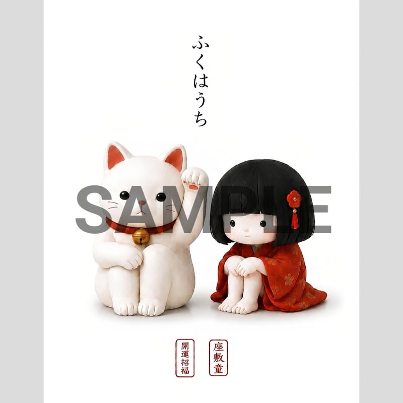 招き猫と座敷童 開運 アート ふくはうち 座敷童子 開運招福 2L判