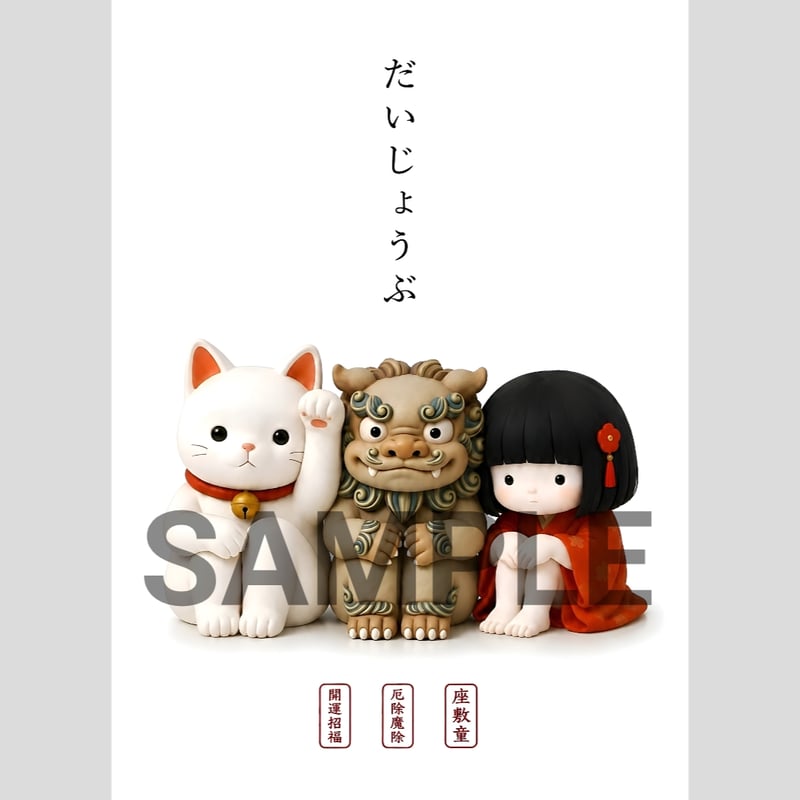 癒しの猫　座敷童子そのもの 招き猫と座敷童とシーサー 開運 アート だいじょうぶ 座敷童子 開運