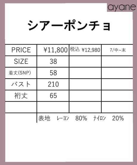 シアーポンチョ　856746　ayane 2026 autumn&winter collection  予約商品