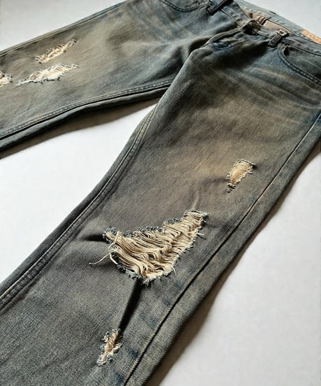 GALAABEND BY MIKI OKAWARA GRUNGE-TREATED DISTRESSED DENIM