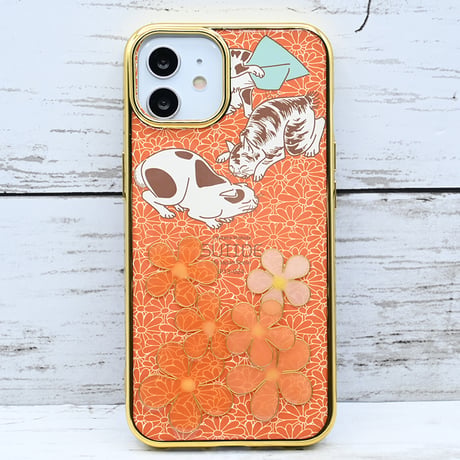 世界にひとつ！iPhone13用レジンデコ付き着せ替えスマホケース・浮世絵ネコと菊柄