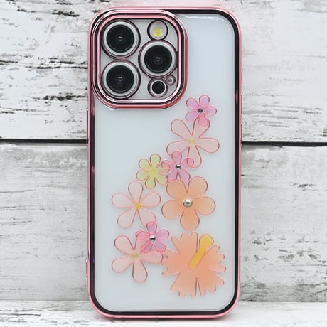 世界にひとつ！iPhone15Pro用レジンデコ付き着せ替えスマホケース・プルメリア・ピンク