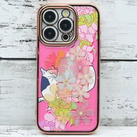 世界にひとつ！iPhone15Pro用レジンデコ付き着せ替えスマホケース・プルメリアレイ・ピンク
