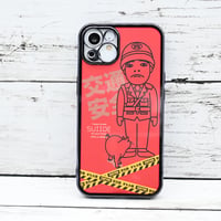 iPhone13用・SD宮古島まもるくんと浮世絵ネコ・赤きせかえスマホケース