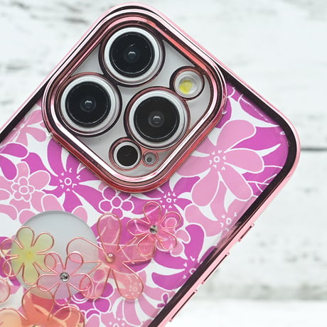 世界にひとつ！iPhone15Pro用レジンデコ付き着せ替えスマホケース・プルメリア・ピンク