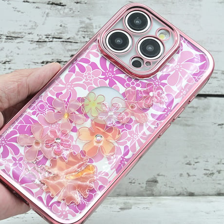 世界にひとつ！iPhone15Pro用レジンデコ付き着せ替えスマホケース・プルメリア・ピンク