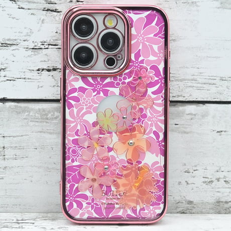世界にひとつ！iPhone15Pro用レジンデコ付き着せ替えスマホケース・プルメリア・ピンク