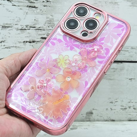 世界にひとつ！iPhone15Pro用レジンデコ付き着せ替えスマホケース・プルメリア・ピンク