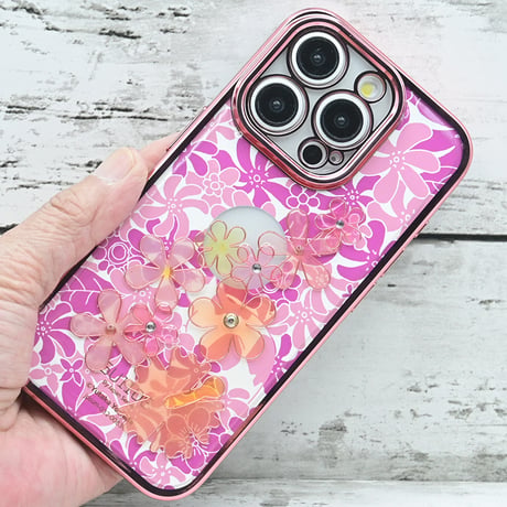 世界にひとつ！iPhone15Pro用レジンデコ付き着せ替えスマホケース・プルメリア・ピンク