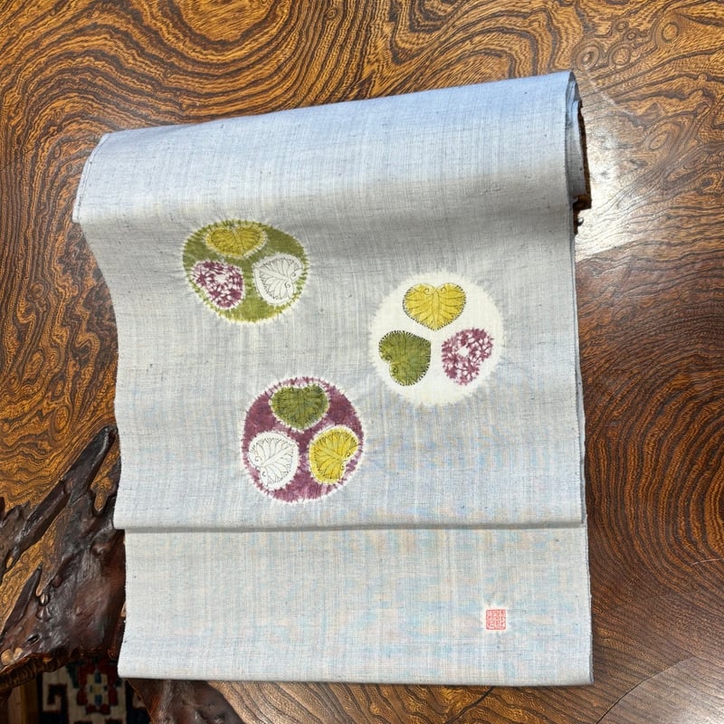 葵丸紋/薄鼠地 染め名古屋帯ー野口 [お仕立て上り価格] | おしゃれ処布屋