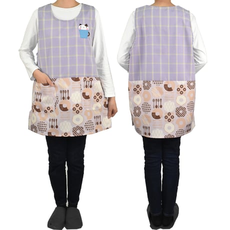 【ラスト2点！】おてんばママ ネコ刺繍アップリケ付きドーナッツプリントエプロン YC-7017 / パープル【M-L】