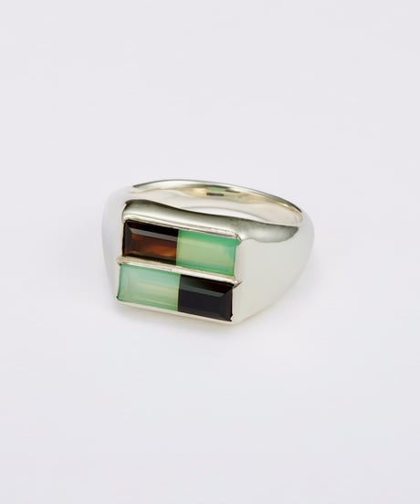 Recette stone ring doubie (chrysoprease×onxy×crystal）silver