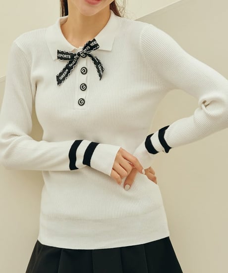 リボン付きGボタンリブニットトップス (2colors)