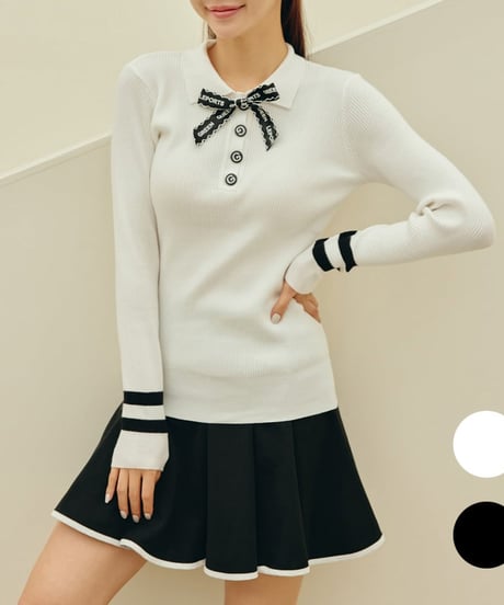 リボン付きGボタンリブニットトップス (2colors)