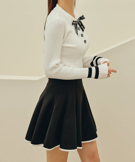 リボン付きGボタンリブニットトップス (2colors)