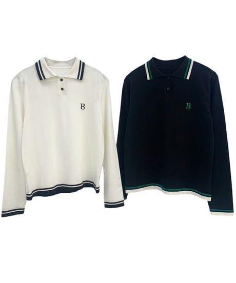 クラシックストライプカラーロングスリーブニットポロシャツ (2colors)